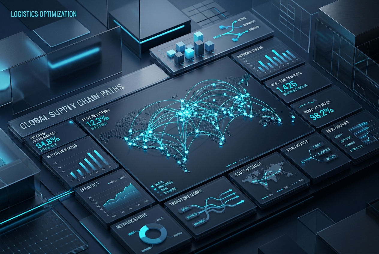 Gráficas y tablero ejecutivo analítico mostrando flujos y rutas logísticas optimizadas